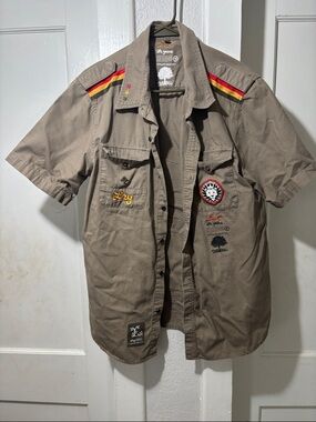 Lrg Taupe Short Sleeve Patchwork Button-Up with Red and Yellow Shoulder Stripes